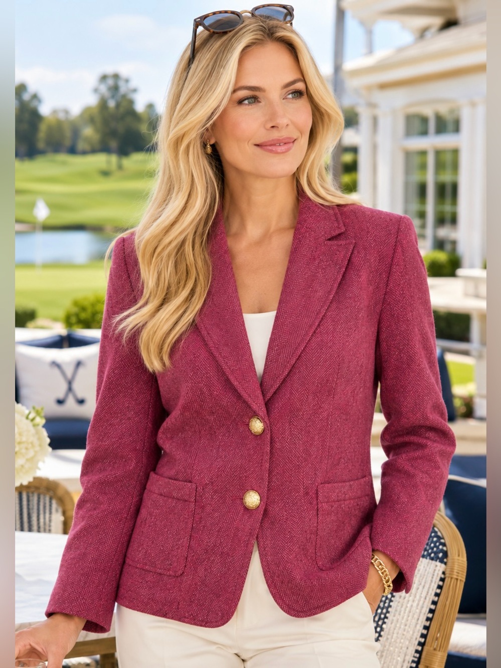 Talbots Plus Petite 16 W Pink Wool Blend Herringbone Blazer Gold Buttons Preppy